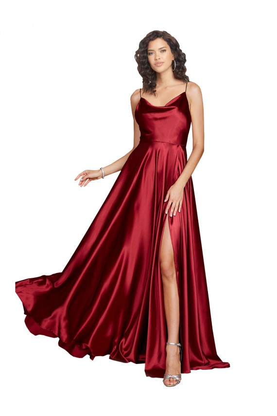 Silky Satin Low Back Long Spaghetti Straps A-Line Black Tie Formal Dress