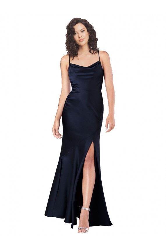 Silky Satin Long Cowl Neck A-Line Black Tie Formal Dress