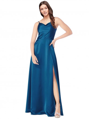 Online Silky Satin Low Back Long Spaghetti Straps Peacock Blue A-Line Formal Dress Canada