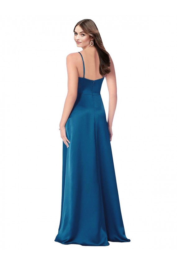 Silky Satin Low Back Long Spaghetti Straps Peacock Blue A-Line Formal Dress