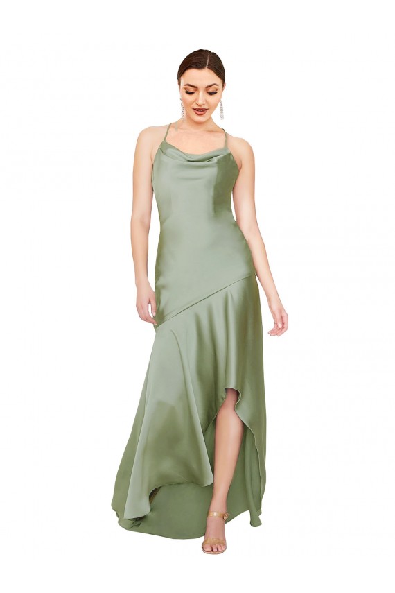 Silky Satin Criss Cross Open Back Long Cowl Neck A-Line High Low Formal Dress