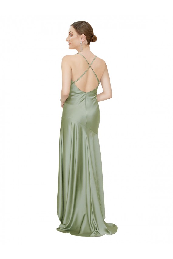 Silky Satin Criss Cross Open Back Long Cowl Neck A-Line High Low Formal Dress