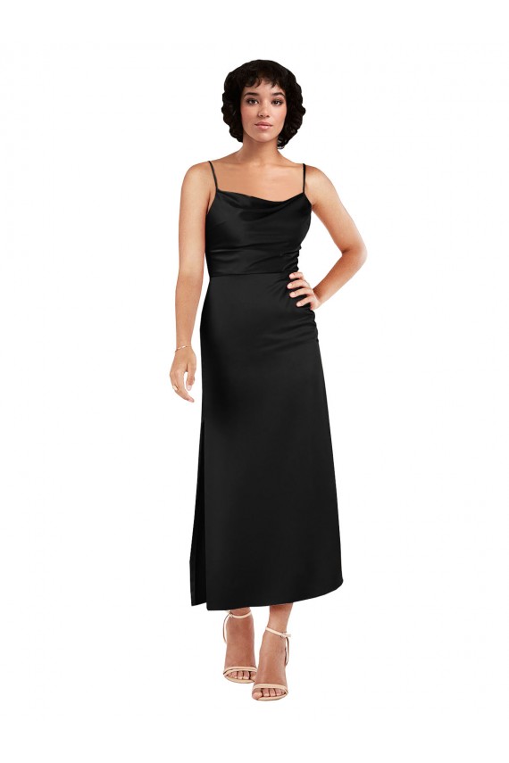 Silky Satin Tea Length Spaghetti Straps A-Line Formal Dress