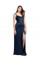 Stretch Satin Low Back Long Cowl Neck A-Line Formal Dress