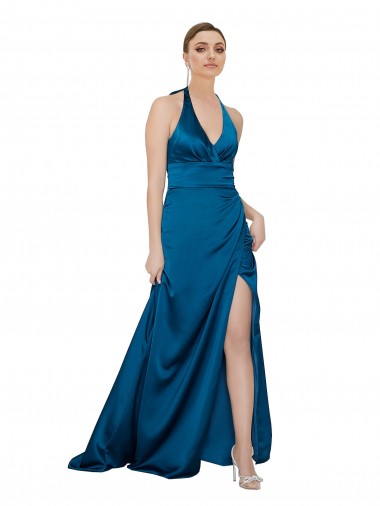 Online Silky Satin Open Back Long Halter Neck Peacock Blue A-Line Formal Dress Canada