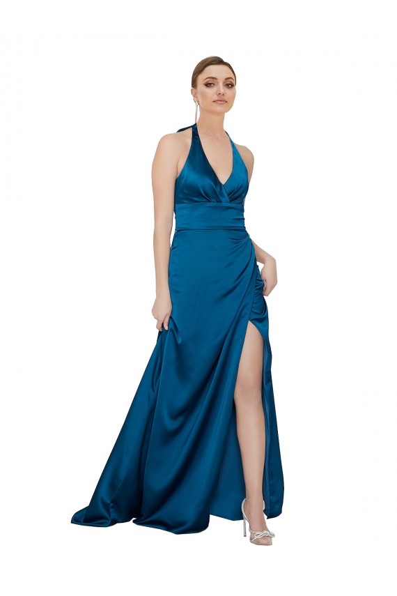 Silky Satin Open Back Long Halter Neck Peacock Blue A-Line Formal Dress