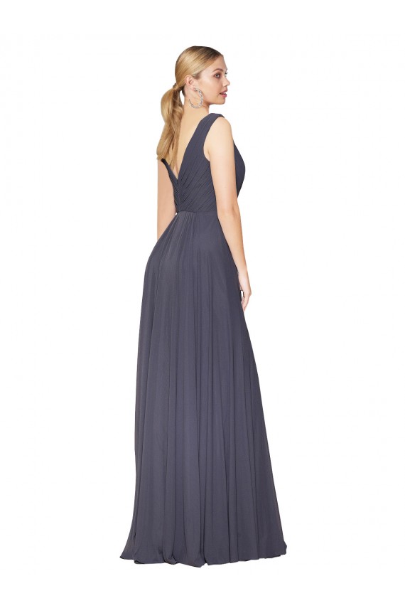 Chiffon V-Back Long V-Neck Dusty Blue A-Line Formal Dress