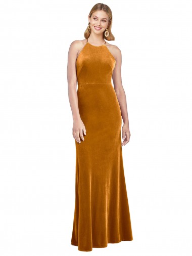 Online Stretch Velvet Criss Cross Open Back Long Halter Neck A-Line Formal Dress Canada