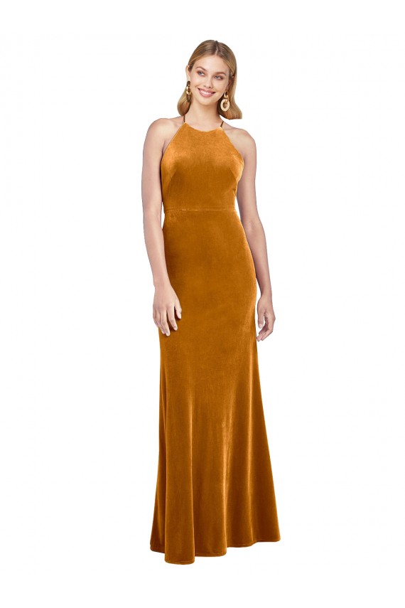 Stretch Velvet Criss Cross Open Back Long Halter Neck A-Line Formal Dress