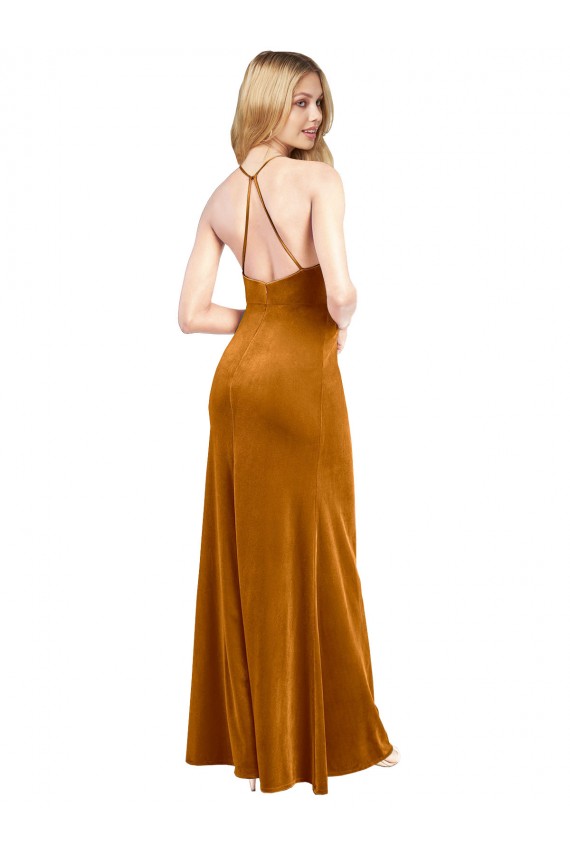 Stretch Velvet Criss Cross Open Back Long Halter Neck A-Line Formal Dress