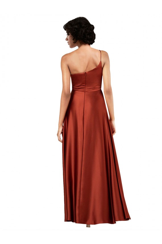 Silky Satin Long One Shoulder Burnt Orange A-Line Black Tie Formal Dress