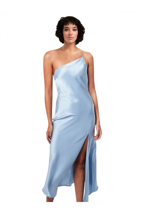 Silky Satin Midi Length One Shoulder A-Line Formal Dress