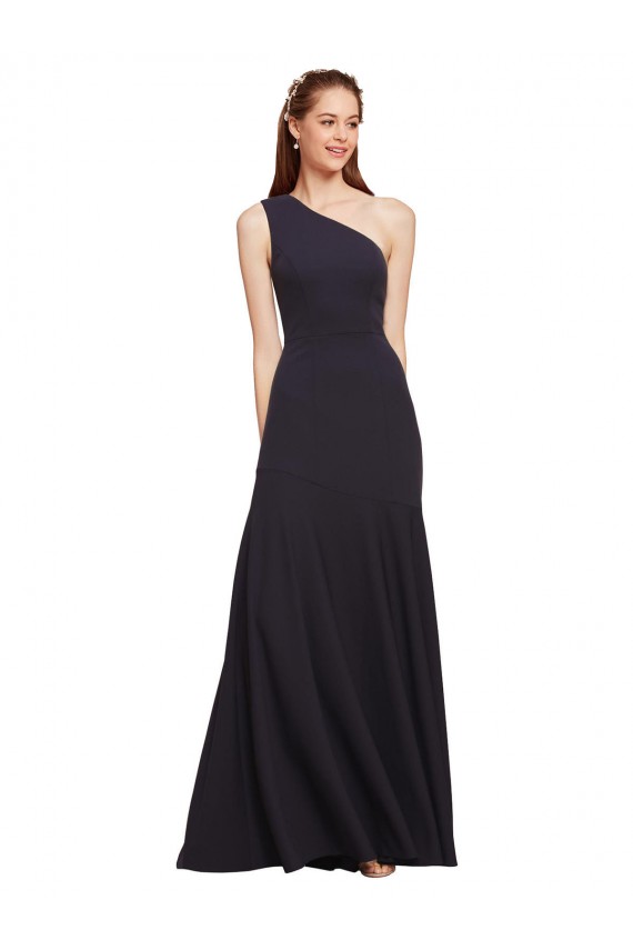 Stretch Crepe Long One Shoulder Dark Navy A-Line Formal Dress