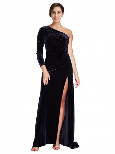 Online Stretch Velvet Sweep Train One Shoulder A-Line Formal Dress Canada