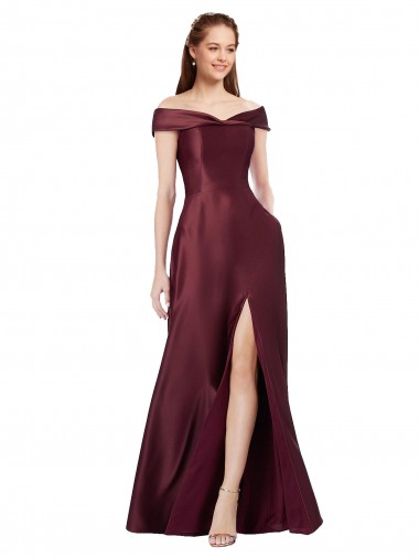 Online Satin Long Off the Shoulder Burgundy Gold A-Line Black Tie Formal Dress Canada