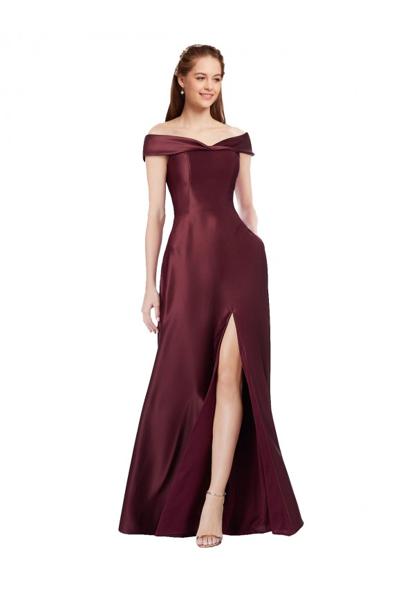 Satin Long Off the Shoulder Burgundy Gold A-Line Black Tie Formal Dress