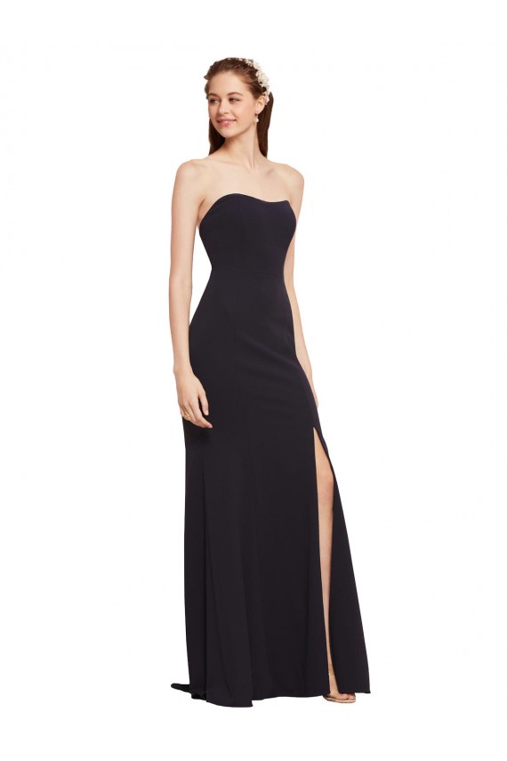 Stretch Crepe Low Back Long Strapless Dark Navy A-Line Formal Dress