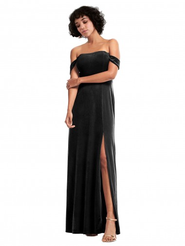 Online Stretch Velvet Long Off the Shoulder Black A-Line Formal Dress Canada