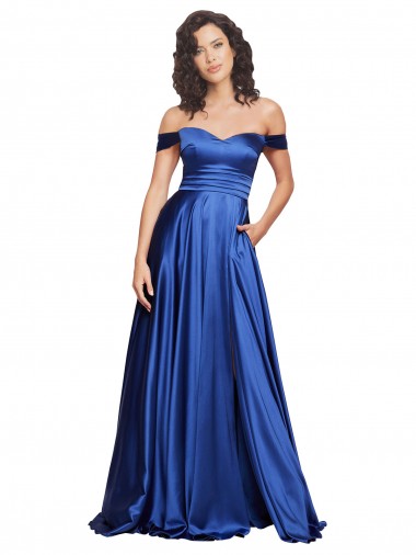 Online Stretch Satin Sweep Train Off the Shoulder A-Line Formal Dress Canada