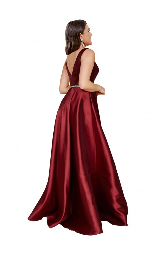 Satin V-Back Long V-Neck A-Line Formal Plus Size Formal Dress