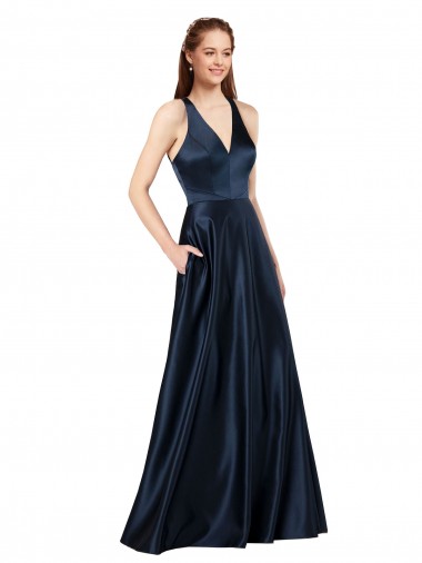 Online Satin Keyhole Back Long V-Neck A-Line Formal Dress Canada
