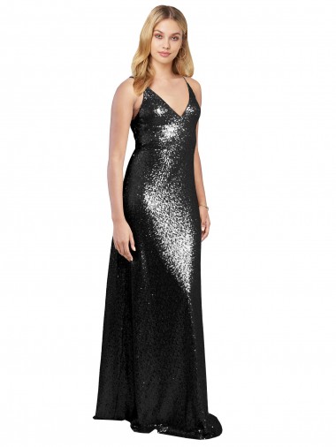 Online Sequin V-Back Long Spaghetti Straps A-Line Formal Dress Canada