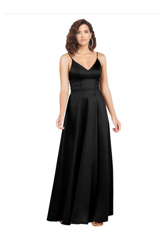 Silky Satin V-Back Long V-Neck Black A-Line Formal Dress