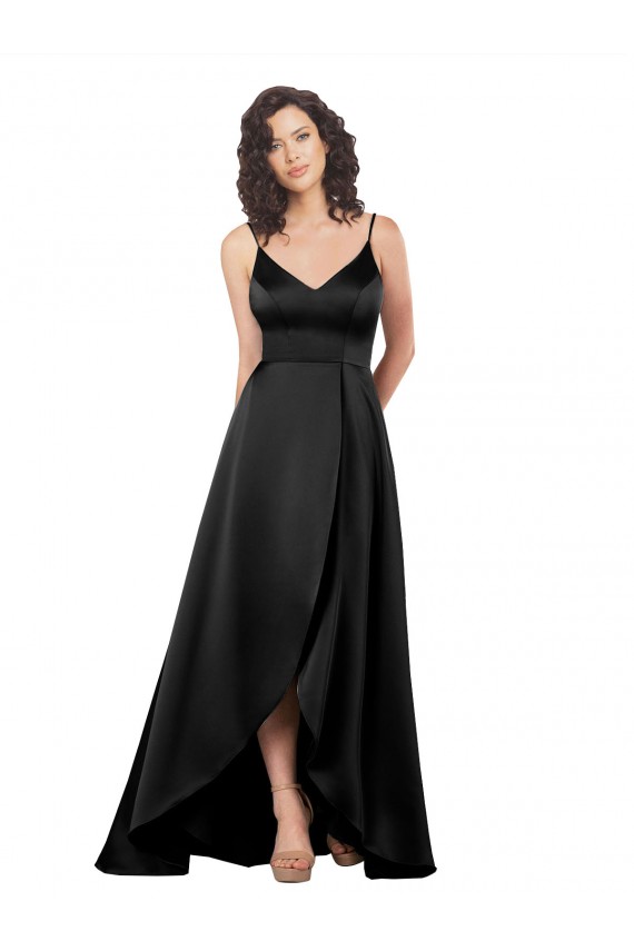Silky Satin Low Back Long V-Neck A-Line High Low Formal Dress