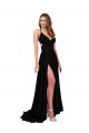 Spandex Open Back Long V-Neck A-Line Black Tie Formal Dress