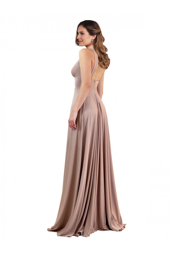 Spandex Low Back Long V-Neck A-Line Black Tie Formal Dress