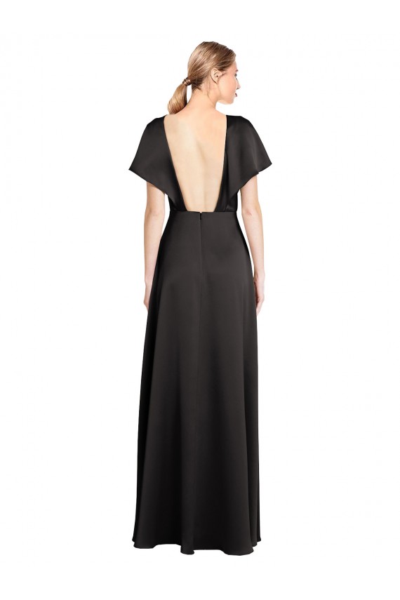 Stretch Satin Open Back Long V-Neck A-Line Formal Dress