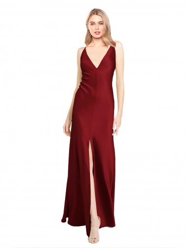Online Stretch Satin V-Back Long V-Neck A-Line Black Tie Formal Dress Canada