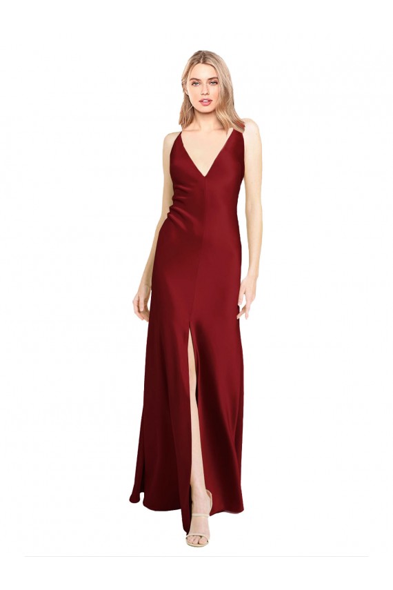 Stretch Satin V-Back Long V-Neck A-Line Black Tie Formal Dress