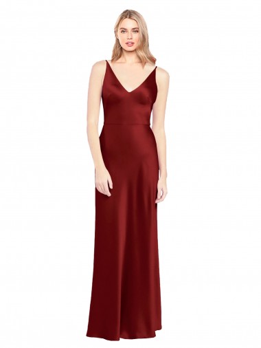 Online Stretch Satin V-Back Long Spaghetti Straps A-Line Formal Dress Canada
