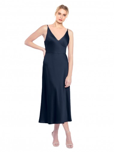 Online Stretch Satin V-Back Midi Length V-Neck A-Line Formal Dress Canada