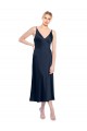Stretch Satin V-Back Midi Length V-Neck A-Line Formal Dress