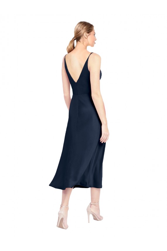 Stretch Satin V-Back Midi Length V-Neck A-Line Formal Dress