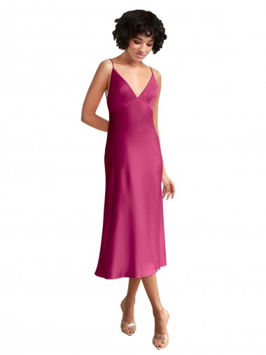 Online Stretch Satin Low Back Midi Length V-Neck A-Line Formal Dress Canada