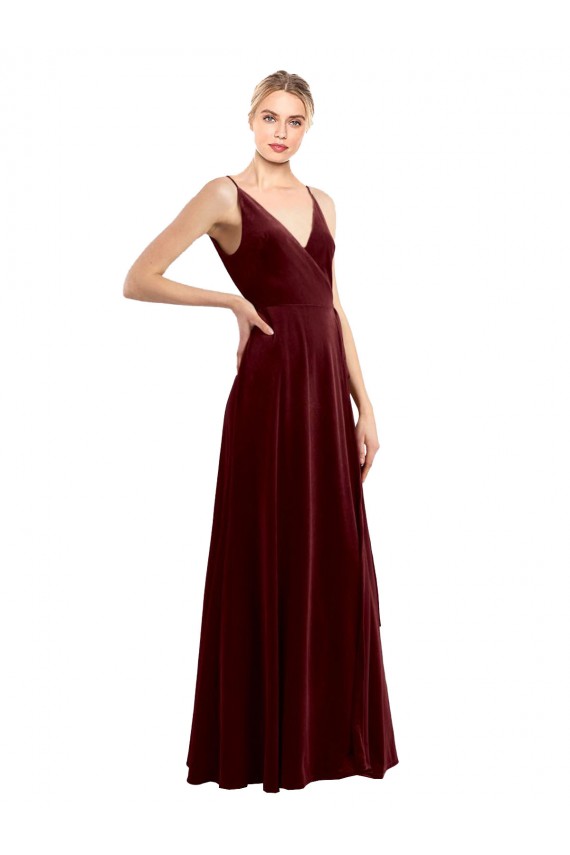 Stretch Velvet V-Back Long V-Neck Burgundy A-Line Formal Dress