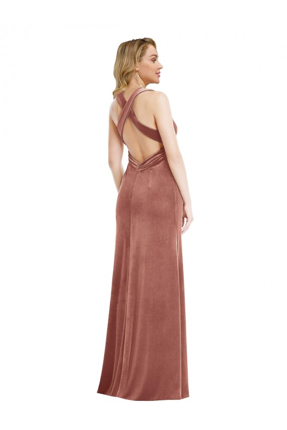 Stretch Velvet Criss Cross Open Back Long V-Neck A-Line Formal Dress