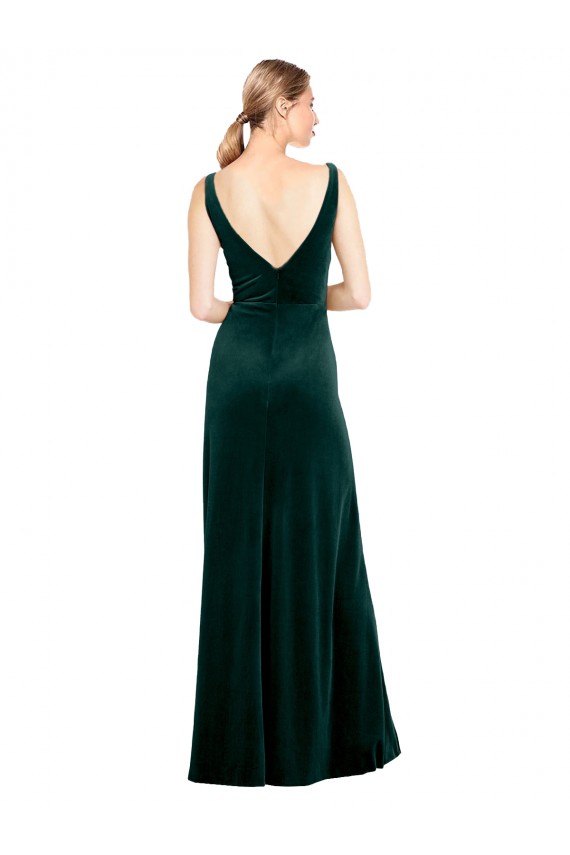 Stretch Velvet V-Back Long V-Neck A-Line Black Tie Formal Dress
