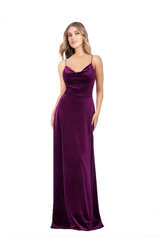 Stretch Velvet Criss Cross Back Long Scoop Neck A-Line Formal Dress