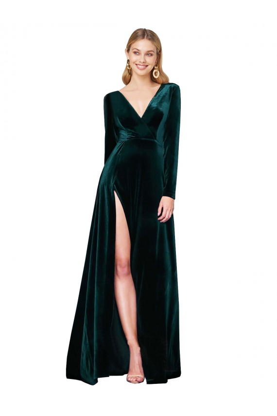 Stretch Velvet Sweep Train V-Neck A-Line Black Tie Formal Dress
