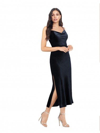 Online Stretch Velvet Low Back Midi Length Cowl Neck Column Formal Dress Canada