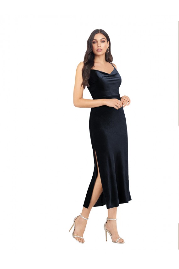 Stretch Velvet Low Back Midi Length Cowl Neck Column Formal Dress