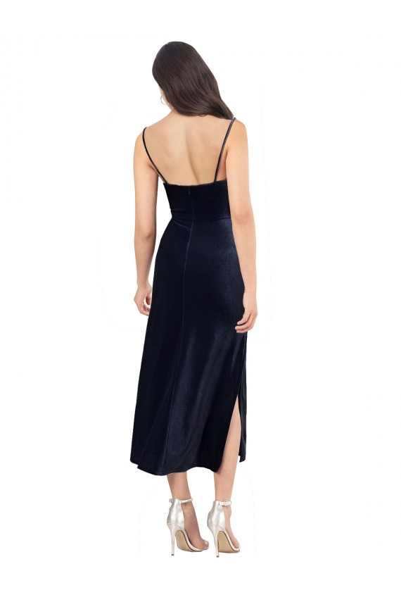 Stretch Velvet Low Back Midi Length Cowl Neck Column Formal Dress