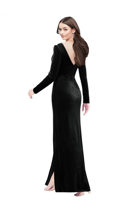 Stretch Velvet V-Back Long V-Neck Column Formal Dress