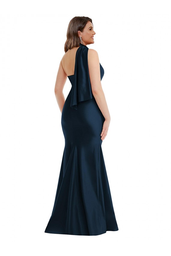 Silky Satin Long One Shoulder Dark Navy Mermaid Formal Plus Size Formal Dress