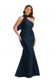 Silky Satin Long One Shoulder Dark Navy Mermaid Formal Plus Size Formal Dress