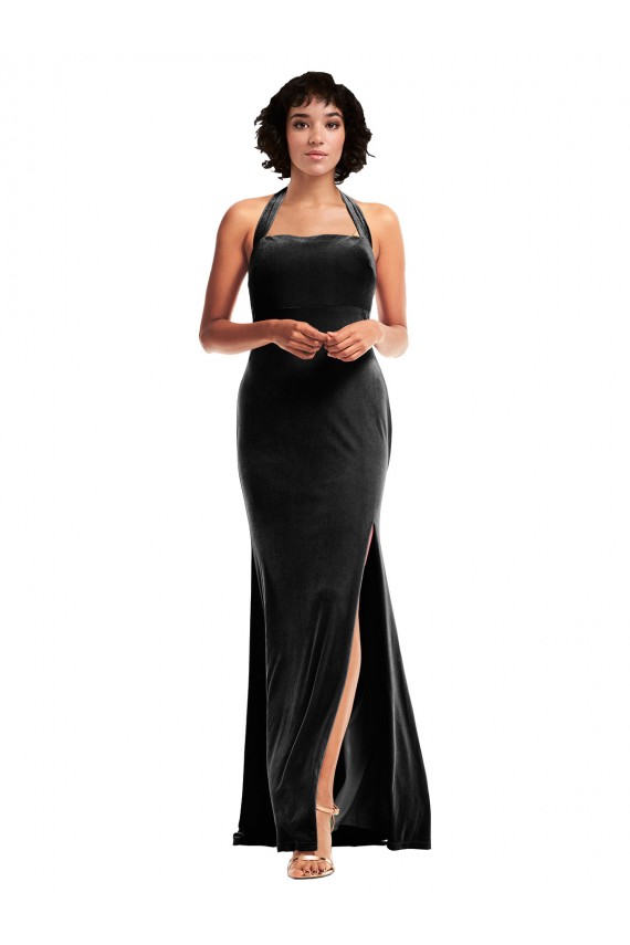 Stretch Velvet Low Back Long Halter Neck Mermaid Formal Dress